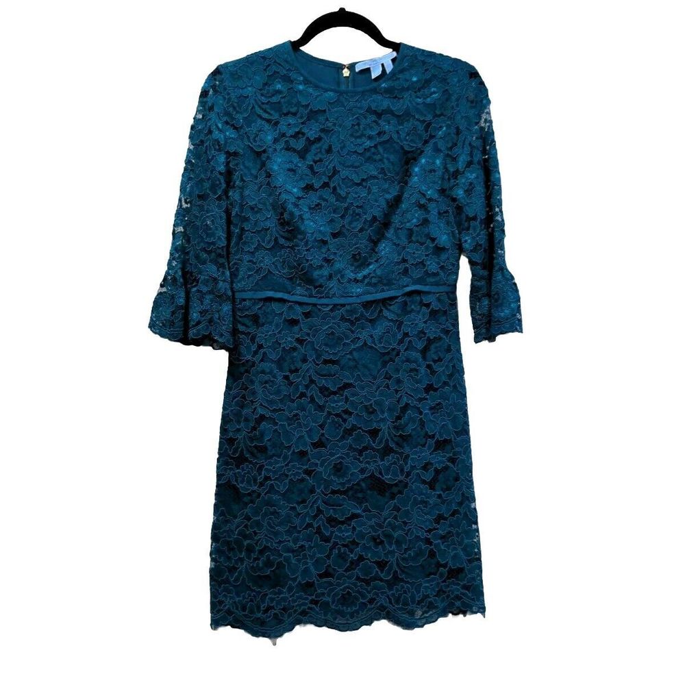 Draper James Womens Lace Bell Sleeve Dress Size 4 Deep Teal Blue Cocktail